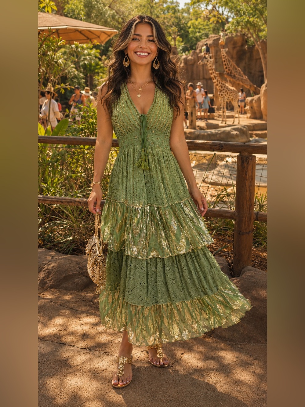 NWT Gorgeous Sage Green and Gold Resort Luxe Tiered Embellished Maxi Dress